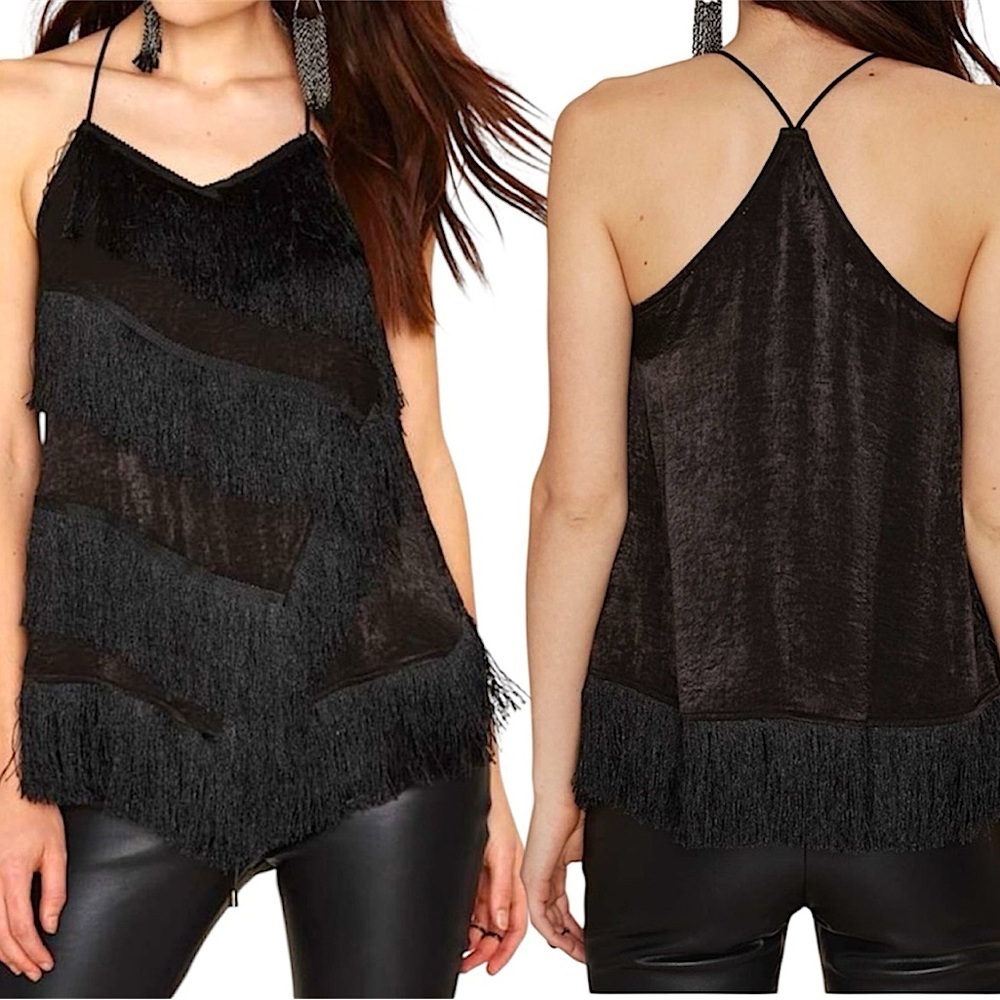 JOA Fringe & Satin Black Asymmetrical Racerback Halter Top Edgy Sexy Streetwear